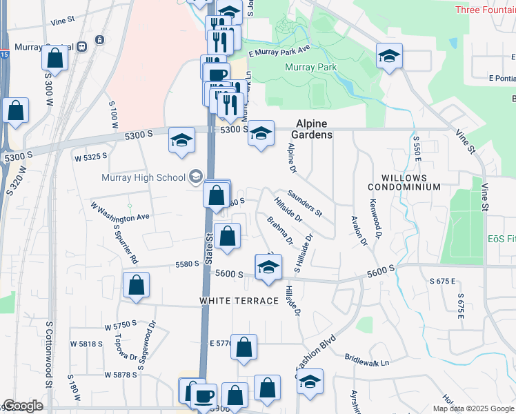map of restaurants, bars, coffee shops, grocery stores, and more near 235 East in Murray