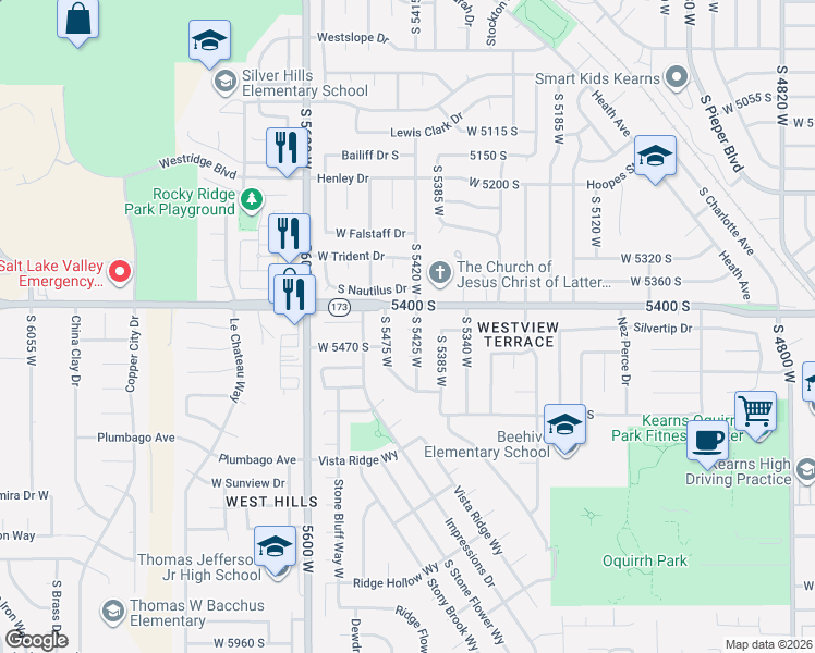 map of restaurants, bars, coffee shops, grocery stores, and more near 5441 West 5440 South in Salt Lake City