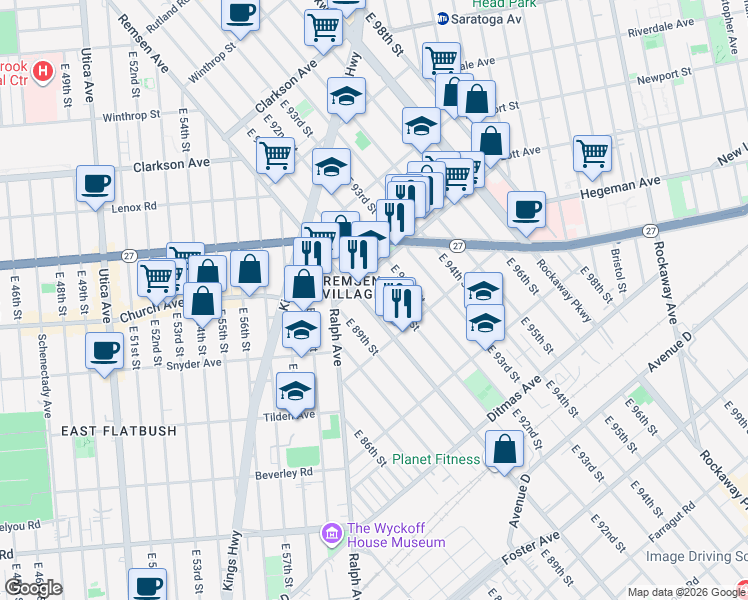 map of restaurants, bars, coffee shops, grocery stores, and more near 555 East 91st Street in Brooklyn