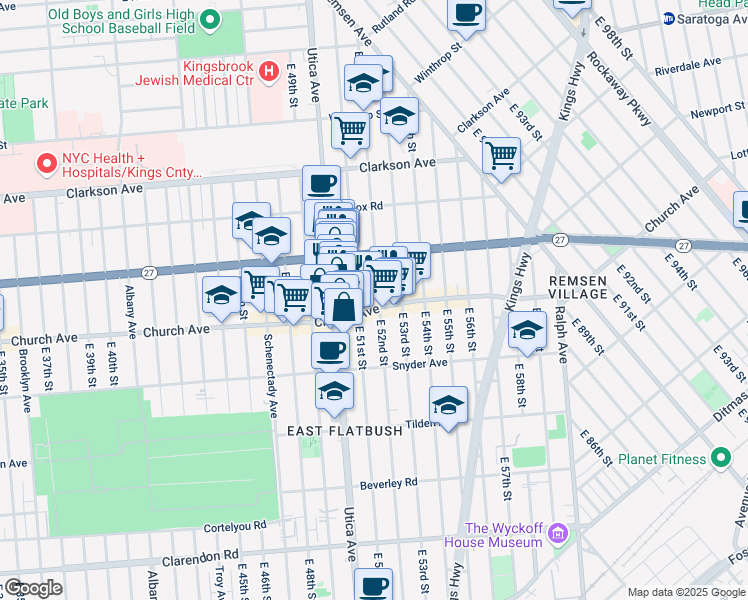 map of restaurants, bars, coffee shops, grocery stores, and more near 320 East 52nd Street in Brooklyn