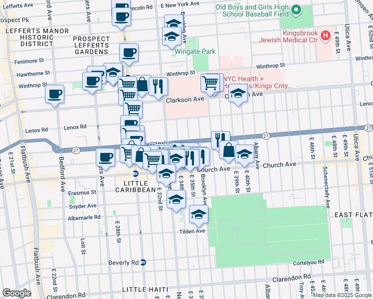 map of restaurants, bars, coffee shops, grocery stores, and more near 375 Linden Boulevard in Brooklyn