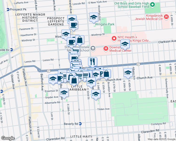 map of restaurants, bars, coffee shops, grocery stores, and more near 335 Linden Boulevard in Brooklyn