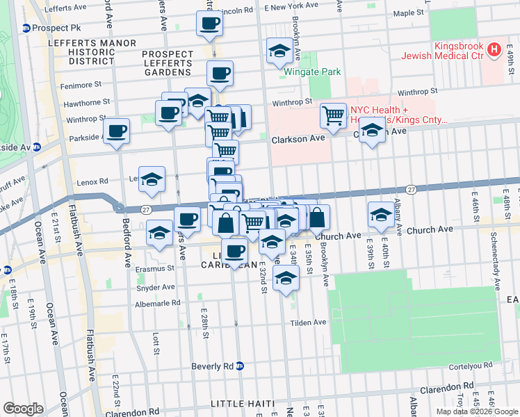 map of restaurants, bars, coffee shops, grocery stores, and more near 335 Linden Boulevard in Brooklyn