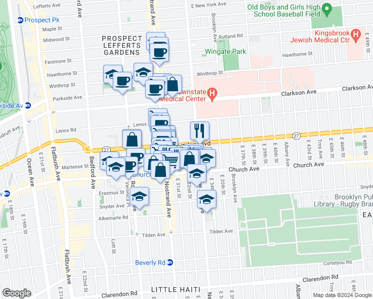 map of restaurants, bars, coffee shops, grocery stores, and more near 287 Linden Boulevard in Brooklyn