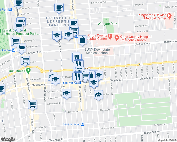 map of restaurants, bars, coffee shops, grocery stores, and more near 287 Linden Boulevard in Brooklyn