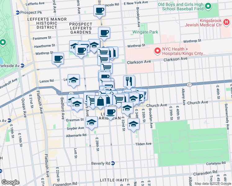 map of restaurants, bars, coffee shops, grocery stores, and more near 287 Linden Boulevard in Brooklyn