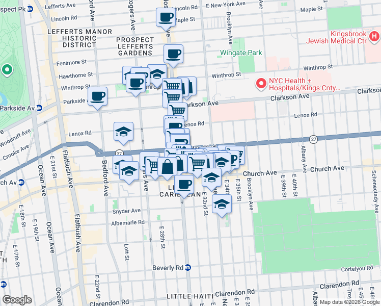 map of restaurants, bars, coffee shops, grocery stores, and more near 287 Linden Boulevard in Brooklyn