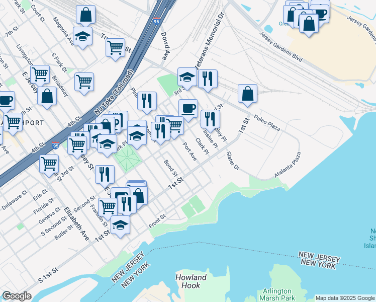 map of restaurants, bars, coffee shops, grocery stores, and more near 145 Port Avenue in Elizabeth