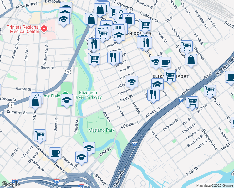 map of restaurants, bars, coffee shops, grocery stores, and more near 316 Niles Street in Elizabeth