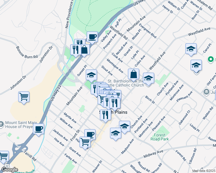 map of restaurants, bars, coffee shops, grocery stores, and more near 361 Union Avenue in Scotch Plains