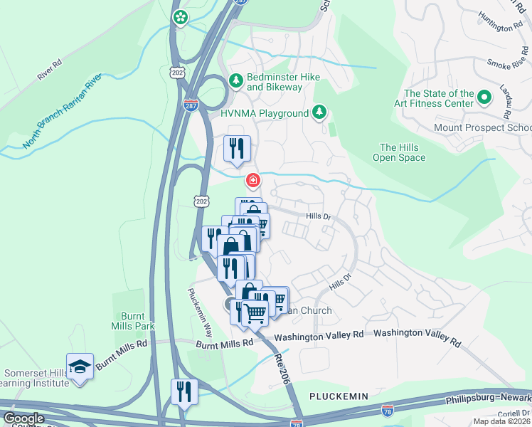 map of restaurants, bars, coffee shops, grocery stores, and more near in Bedminster