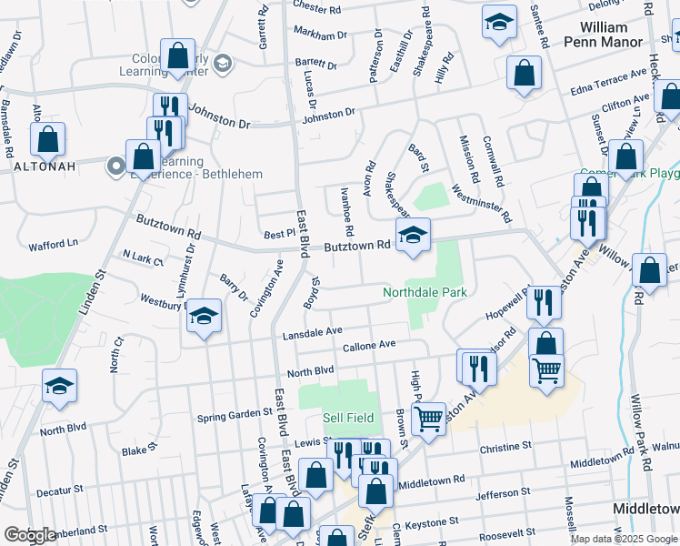 map of restaurants, bars, coffee shops, grocery stores, and more near 1728 Butztown Road in Bethlehem