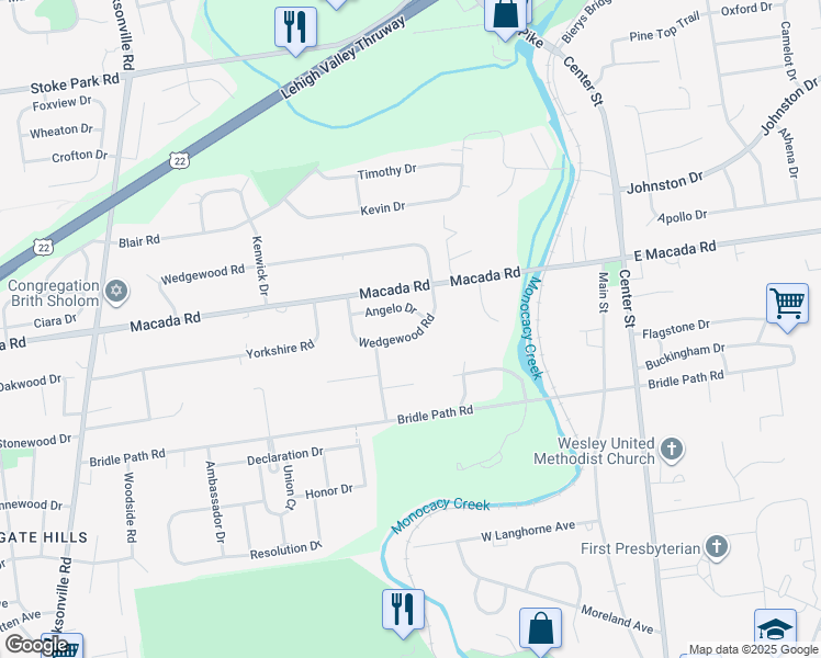 map of restaurants, bars, coffee shops, grocery stores, and more near 255 Wedgewood Road in Bethlehem