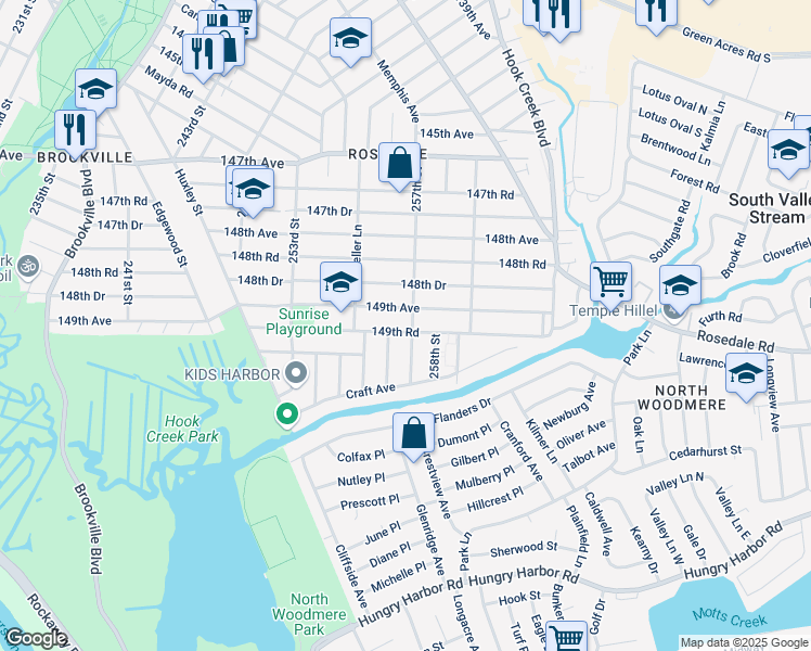 map of restaurants, bars, coffee shops, grocery stores, and more near 255-47 149th Avenue in Queens