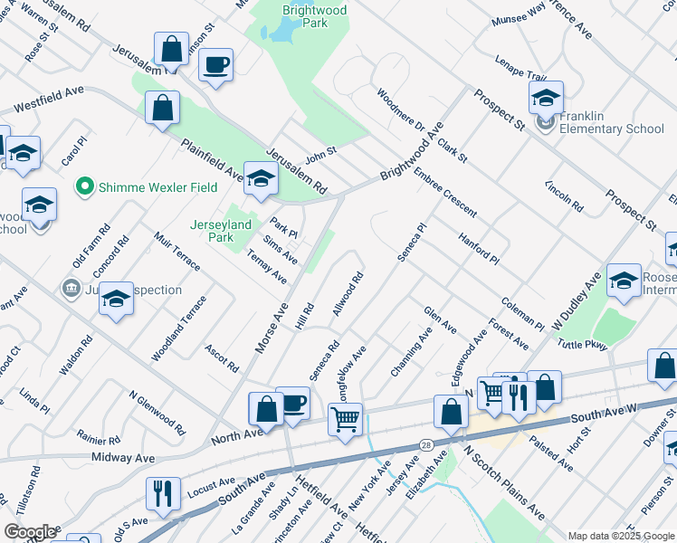 map of restaurants, bars, coffee shops, grocery stores, and more near 2473 Hill Road in Scotch Plains