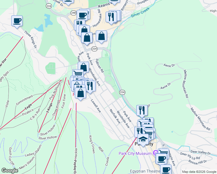 map of restaurants, bars, coffee shops, grocery stores, and more near 1315 Sullivan Road in Park City