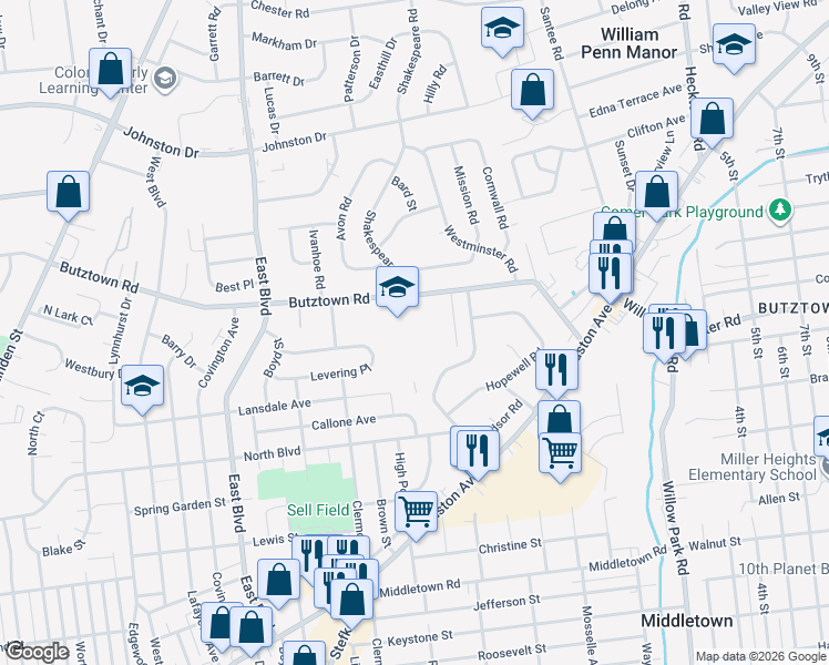 map of restaurants, bars, coffee shops, grocery stores, and more near 1920 Butztown Road in Bethlehem