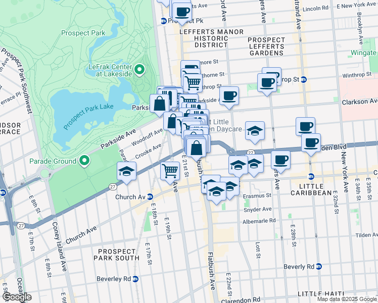 map of restaurants, bars, coffee shops, grocery stores, and more near 75 East 21st Street in Brooklyn