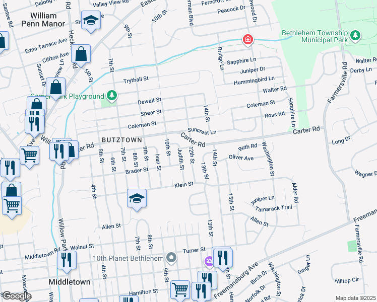 map of restaurants, bars, coffee shops, grocery stores, and more near 2537 12th Street in Bethlehem