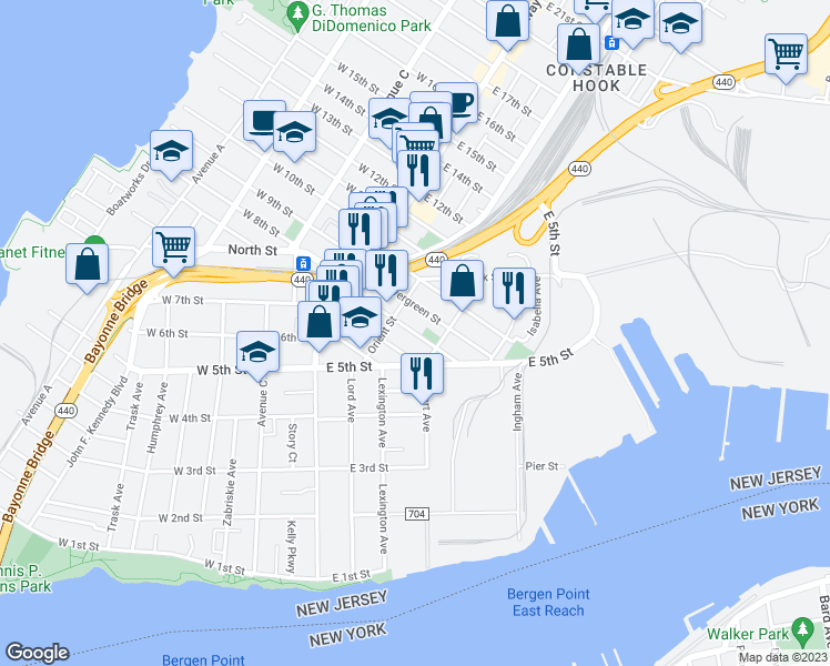map of restaurants, bars, coffee shops, grocery stores, and more near Cottage Street in Bayonne