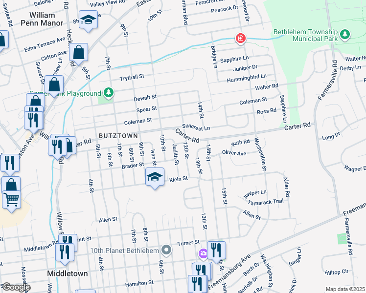 map of restaurants, bars, coffee shops, grocery stores, and more near 2537 12th Street in Bethlehem