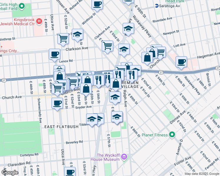 map of restaurants, bars, coffee shops, grocery stores, and more near Kings Highway & Church Avenue in Brooklyn