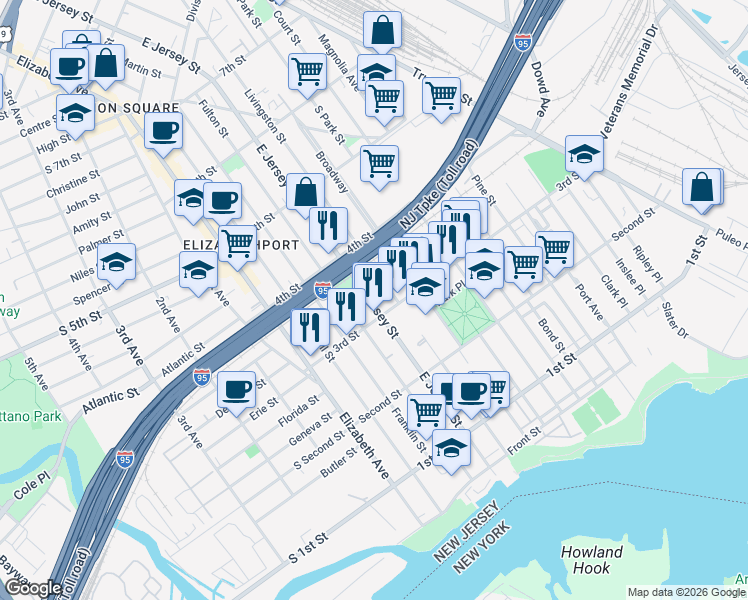 map of restaurants, bars, coffee shops, grocery stores, and more near 324 Livingston Street in Elizabeth