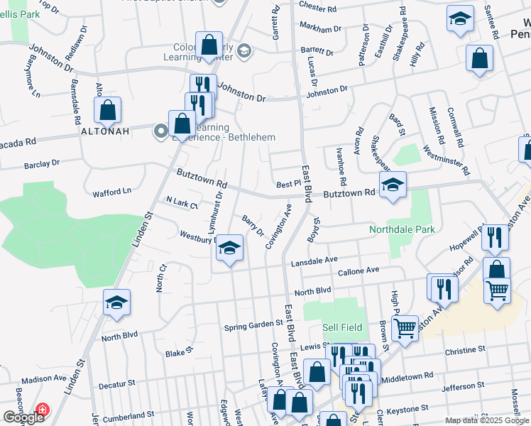 map of restaurants, bars, coffee shops, grocery stores, and more near 2726 Lafayette Avenue in Bethlehem