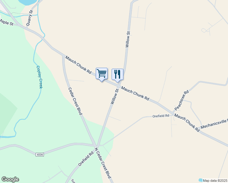 map of restaurants, bars, coffee shops, grocery stores, and more near 3220 Mauch Chunk Road in Coplay