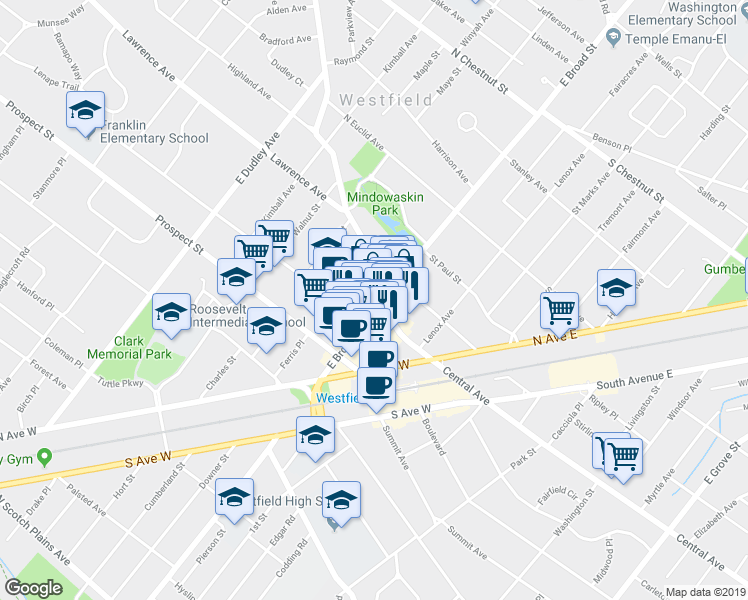 map of restaurants, bars, coffee shops, grocery stores, and more near 1-67 Mountain Avenue in Westfield