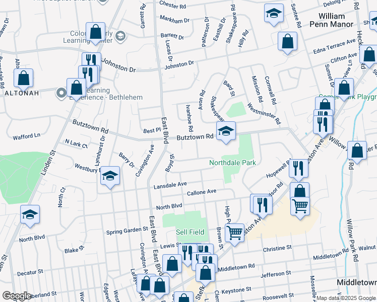 map of restaurants, bars, coffee shops, grocery stores, and more near 1728 Butztown Road in Bethlehem