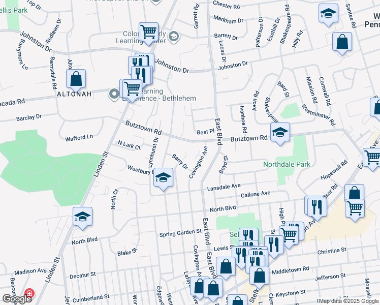 map of restaurants, bars, coffee shops, grocery stores, and more near 2726 Lafayette Avenue in Bethlehem