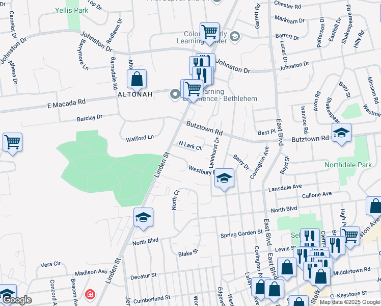 map of restaurants, bars, coffee shops, grocery stores, and more near 2830 Linden Street in Bethlehem
