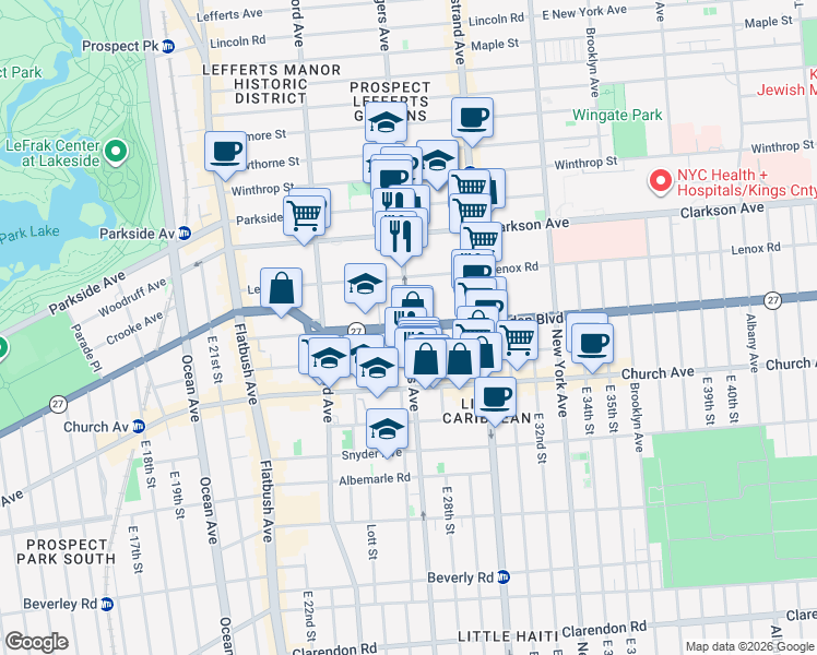 map of restaurants, bars, coffee shops, grocery stores, and more near Linden Blvd & Rogers Ave in Brooklyn