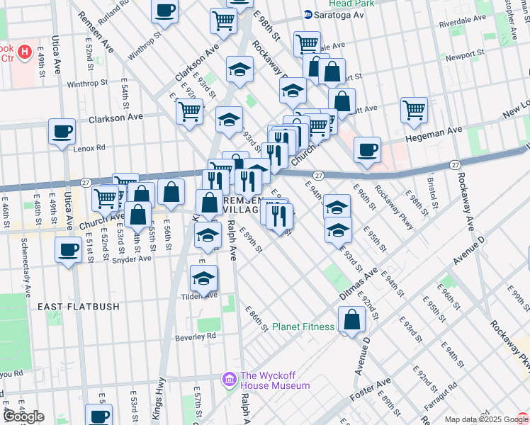 map of restaurants, bars, coffee shops, grocery stores, and more near 555 East 91st Street in Brooklyn