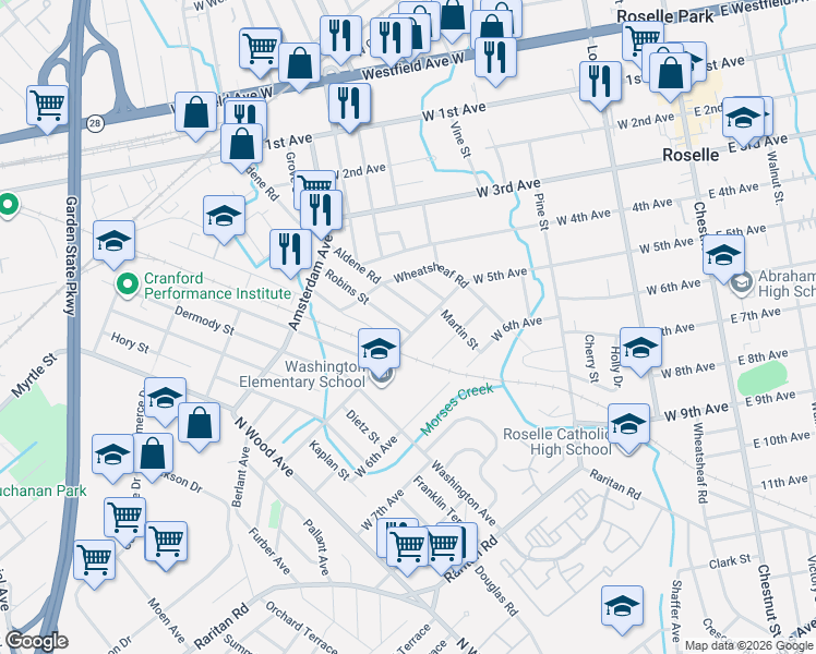 map of restaurants, bars, coffee shops, grocery stores, and more near 480 Aldene Road in Roselle