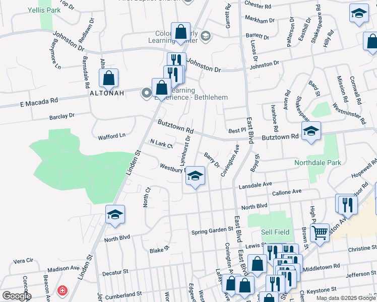 map of restaurants, bars, coffee shops, grocery stores, and more near 2748 Lynnhurst Drive in Bethlehem