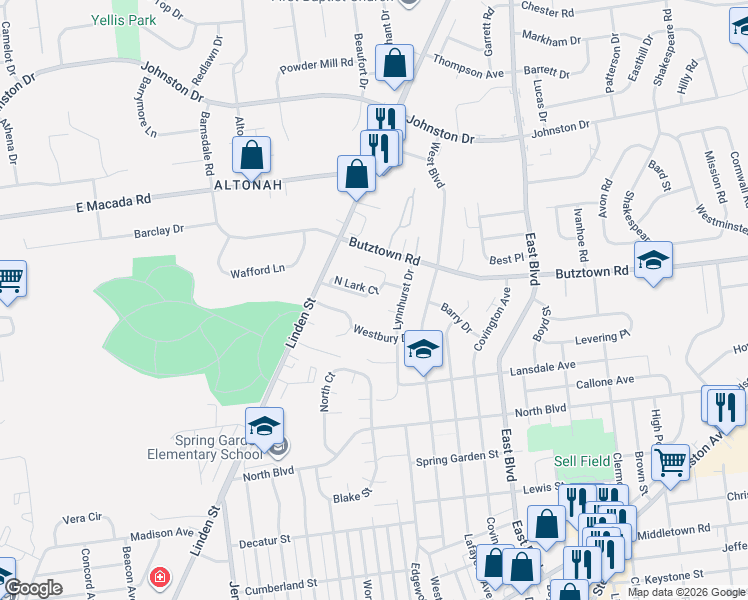 map of restaurants, bars, coffee shops, grocery stores, and more near 1a South Lark Court in Bethlehem