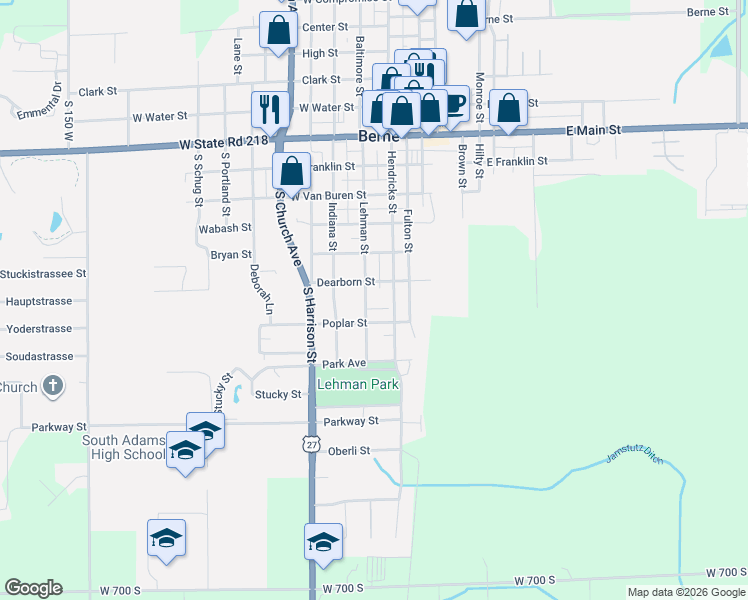 map of restaurants, bars, coffee shops, grocery stores, and more near 655 Lehman Street in Berne
