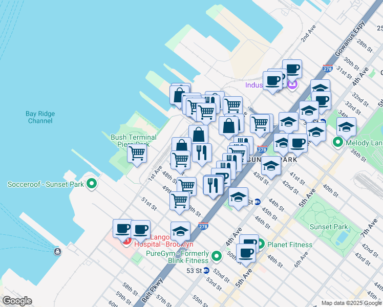 map of restaurants, bars, coffee shops, grocery stores, and more near 4473 1st Avenue in Brooklyn