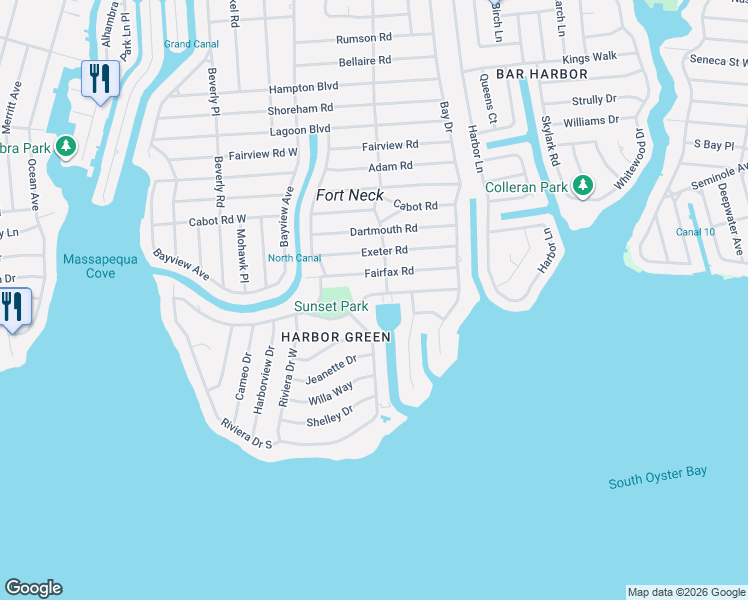 map of restaurants, bars, coffee shops, grocery stores, and more near 33 Sunset Boulevard in Massapequa