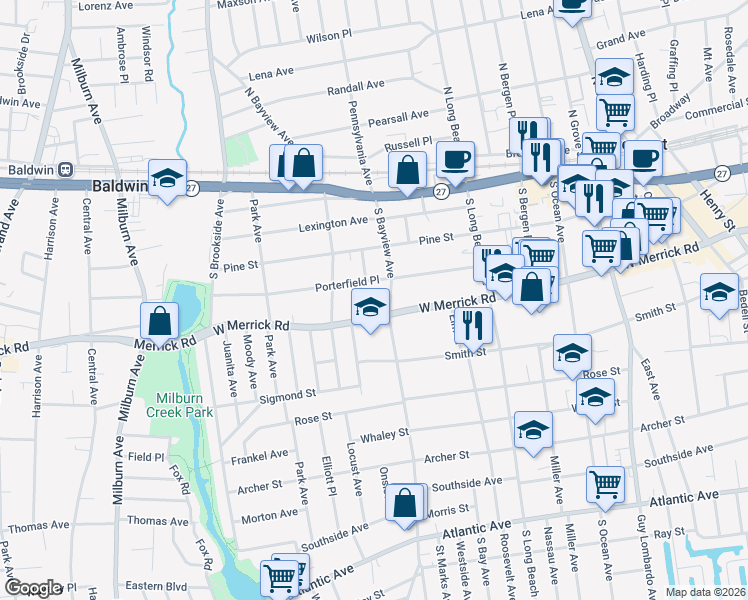 map of restaurants, bars, coffee shops, grocery stores, and more near 320 West Merrick Road in Freeport