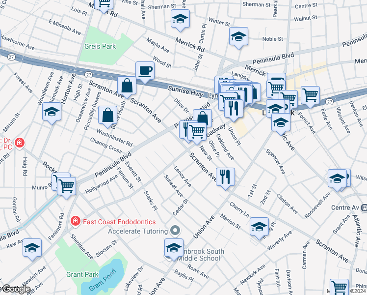 map of restaurants, bars, coffee shops, grocery stores, and more near 8 Evergreen Avenue in Lynbrook