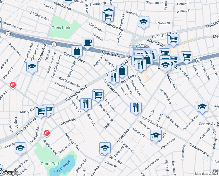 map of restaurants, bars, coffee shops, grocery stores, and more near 8 Evergreen Avenue in Lynbrook