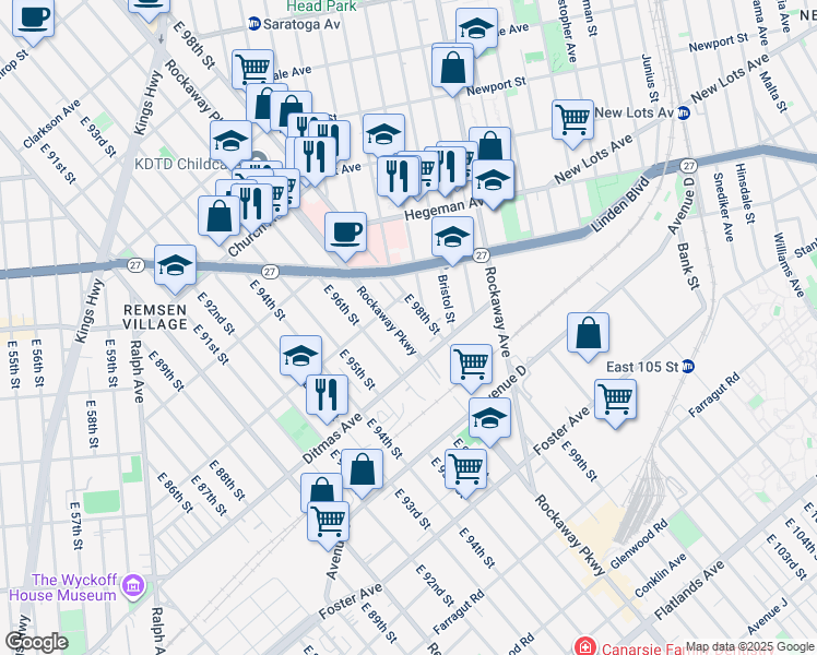 map of restaurants, bars, coffee shops, grocery stores, and more near 1105 Thomas S Boyland Street in Brooklyn