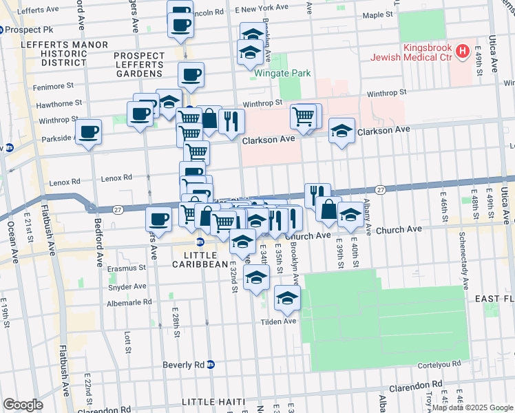 map of restaurants, bars, coffee shops, grocery stores, and more near 375 Linden Boulevard in Brooklyn