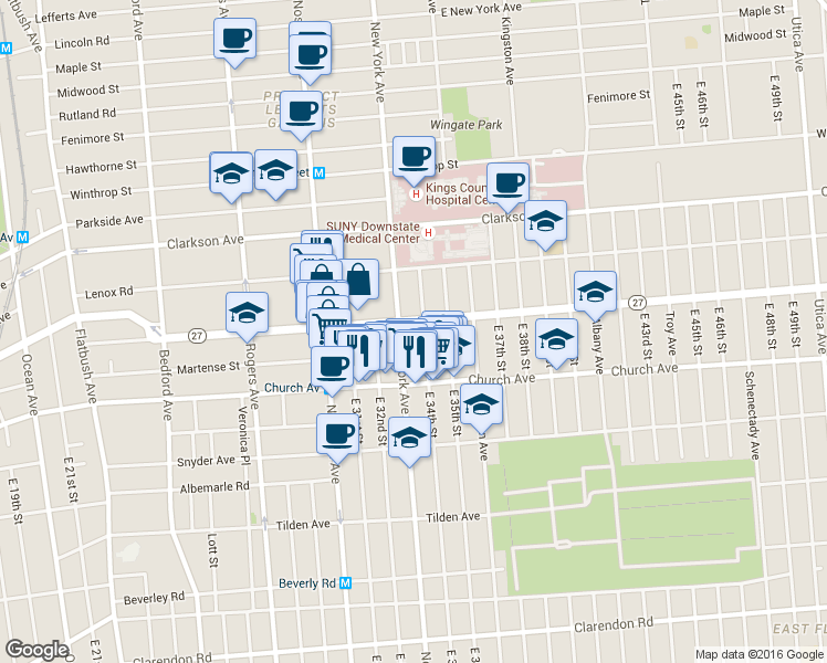map of restaurants, bars, coffee shops, grocery stores, and more near 335 Linden Boulevard in Brooklyn