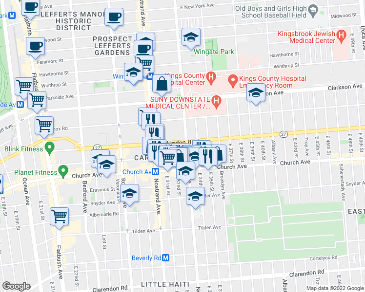map of restaurants, bars, coffee shops, grocery stores, and more near 335 Linden Boulevard in Brooklyn
