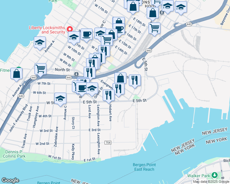 map of restaurants, bars, coffee shops, grocery stores, and more near 59 Evergreen Street in Bayonne