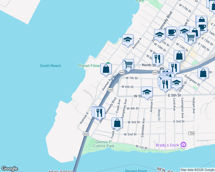 map of restaurants, bars, coffee shops, grocery stores, and more near 172 West 6th Street in Bayonne